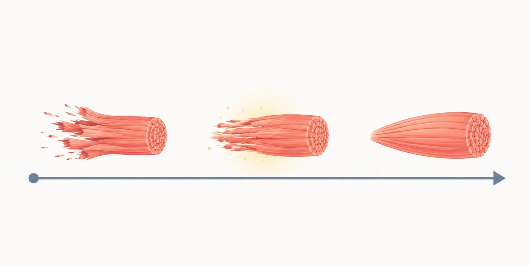 Illustration einer Muskelfaser in drei Stadien entlang einer Zeitleiste, die sich vom Training bis zur vollständigen Erholung zunehmend wiederaufbaut