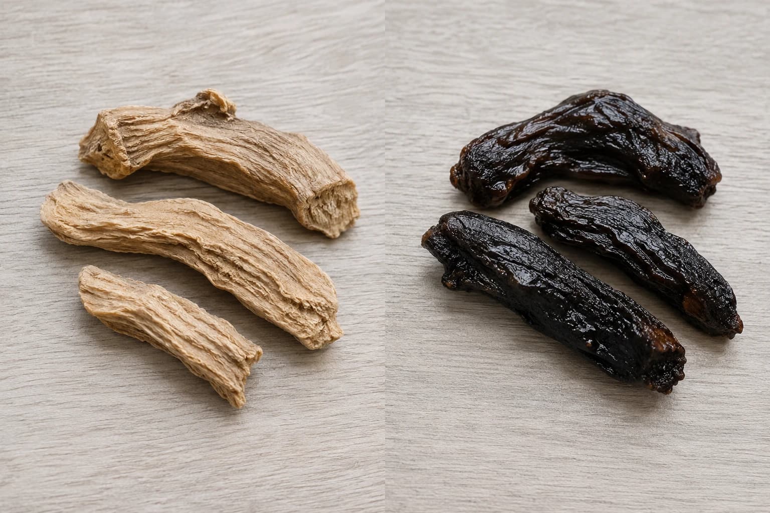 Side-by-side comparison of pale, dried raw rehmannia root next to the same root steamed until dark, glossy, and sticky