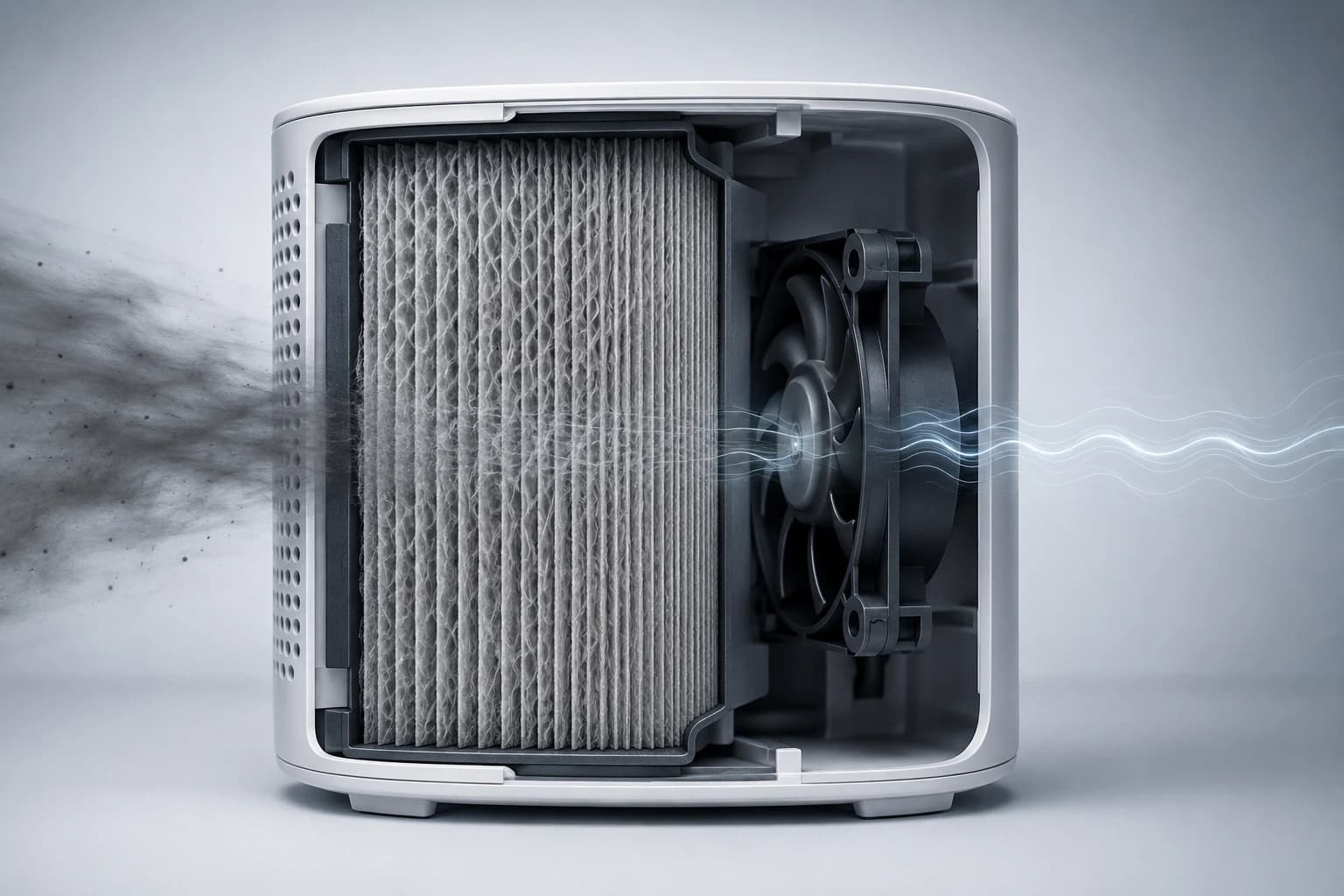 Cutaway of a compact air purifier with a dense filter block and a small fan straining to push air through it