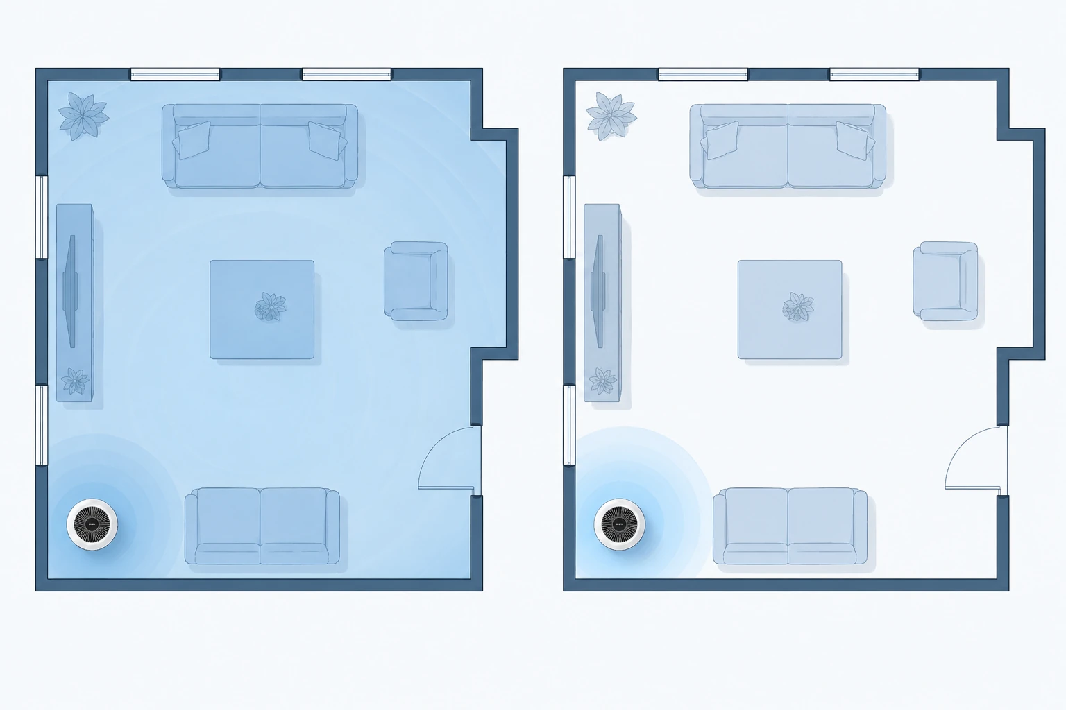 Two floor-plan panels comparing a large claimed coverage area against a much smaller measured coverage area