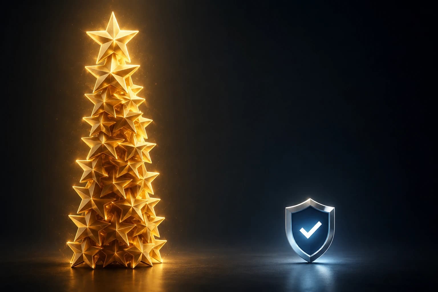 A tall glowing stack of star icons beside one small, sharply rendered checkmark-shield icon