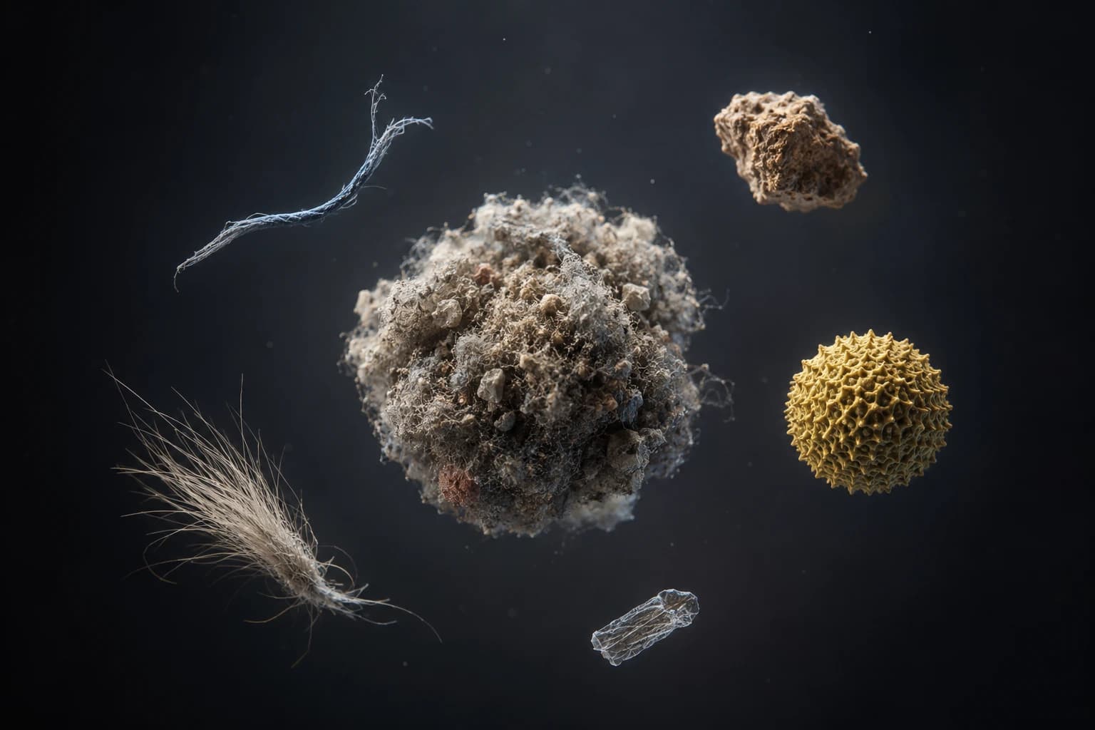 Explosionsartige Makro-Illustration eines Staubpartikel-Clusters, umgeben von Faser-, Erde-, Pollen- und Tierhaar-Elementen
