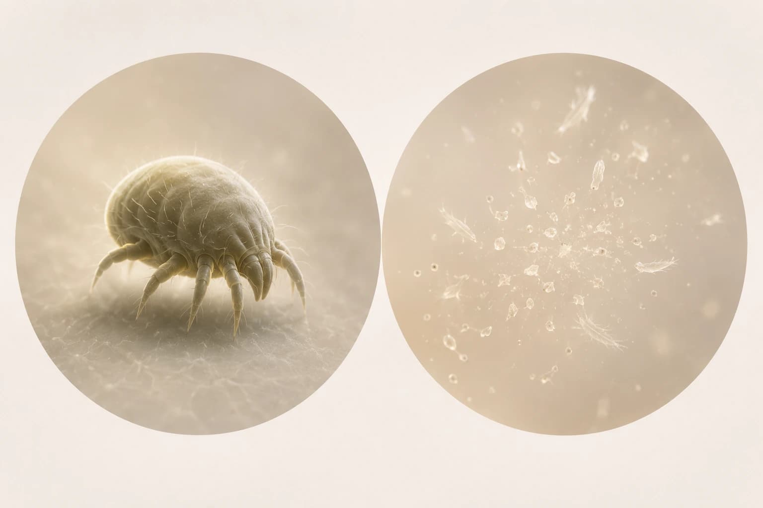 Abstrakte wissenschaftliche Illustration, die eine mikroskopische Quelle einer leichteren, wispig davonschwebenden Fragmentwolke gegenüberstellt