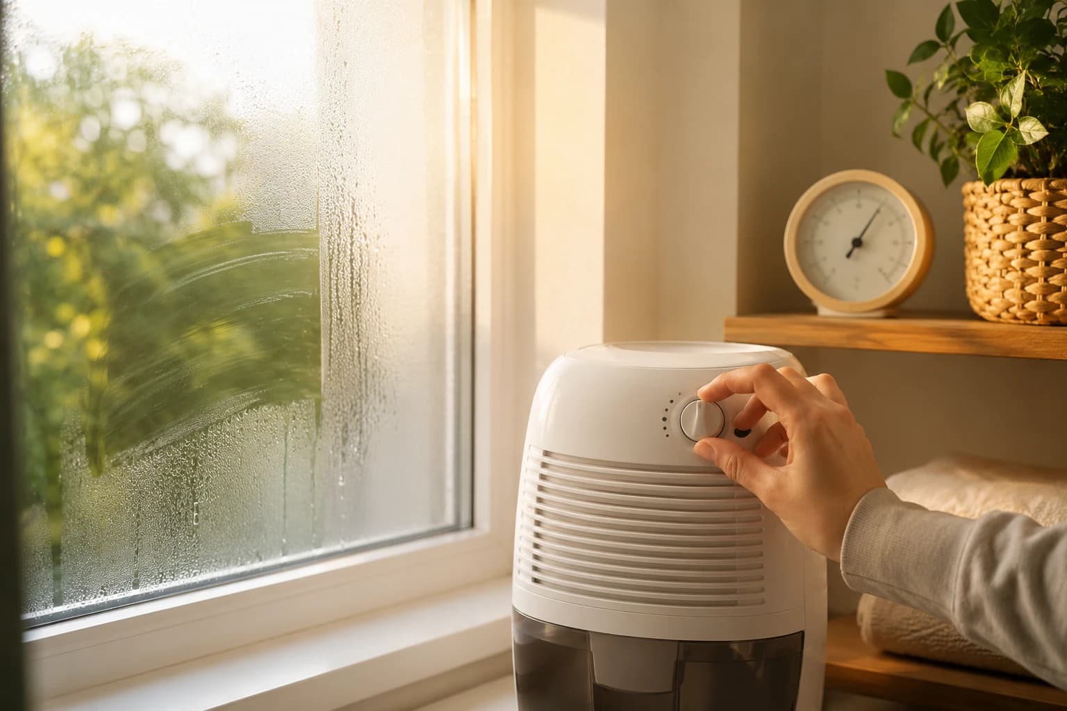 A hand adjusting a dehumidifier dial beside a bright window in a healthy-humidity home