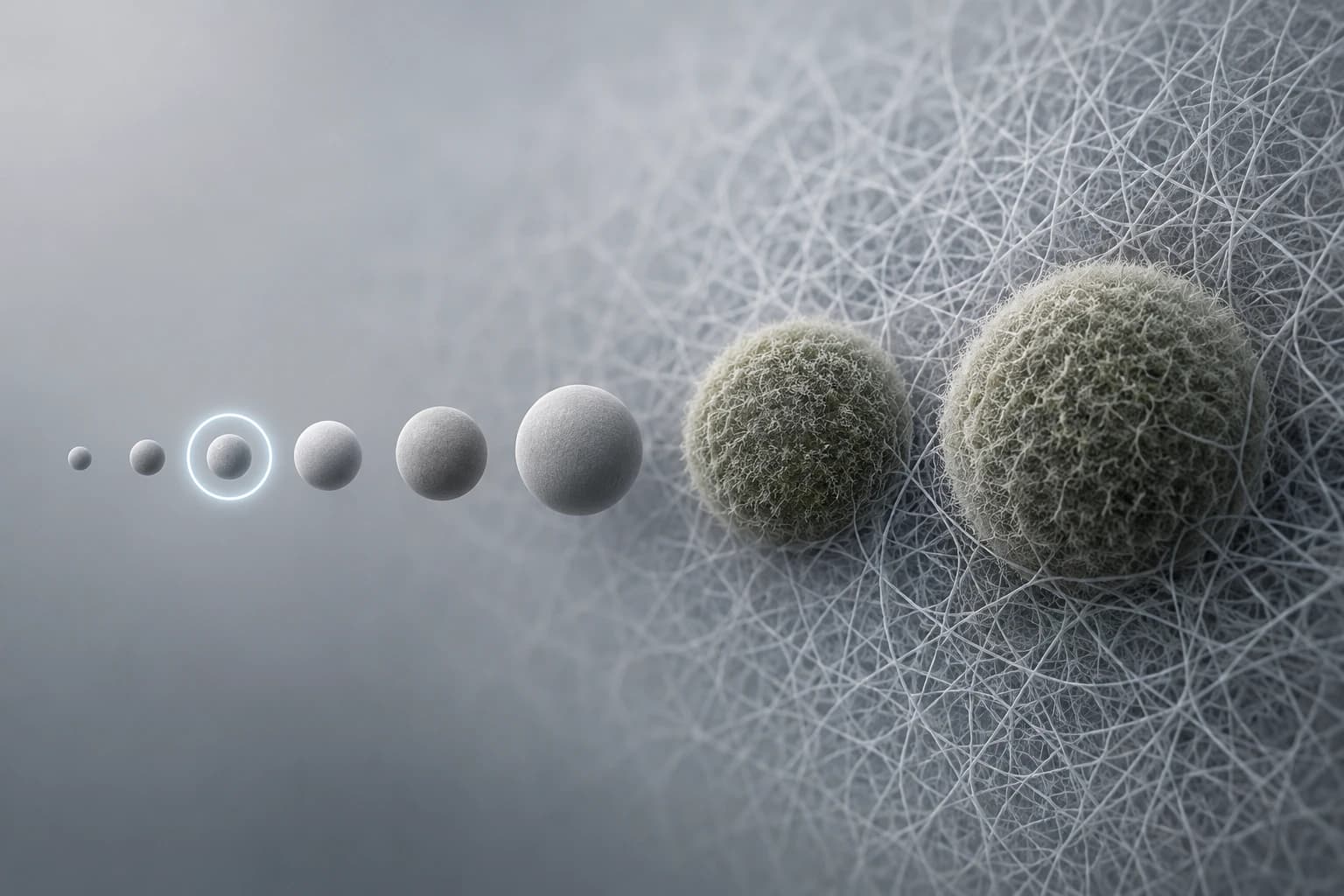 Scale comparison illustration of particle sizes with larger fuzzy mold-spore spheres caught in a fiber mesh