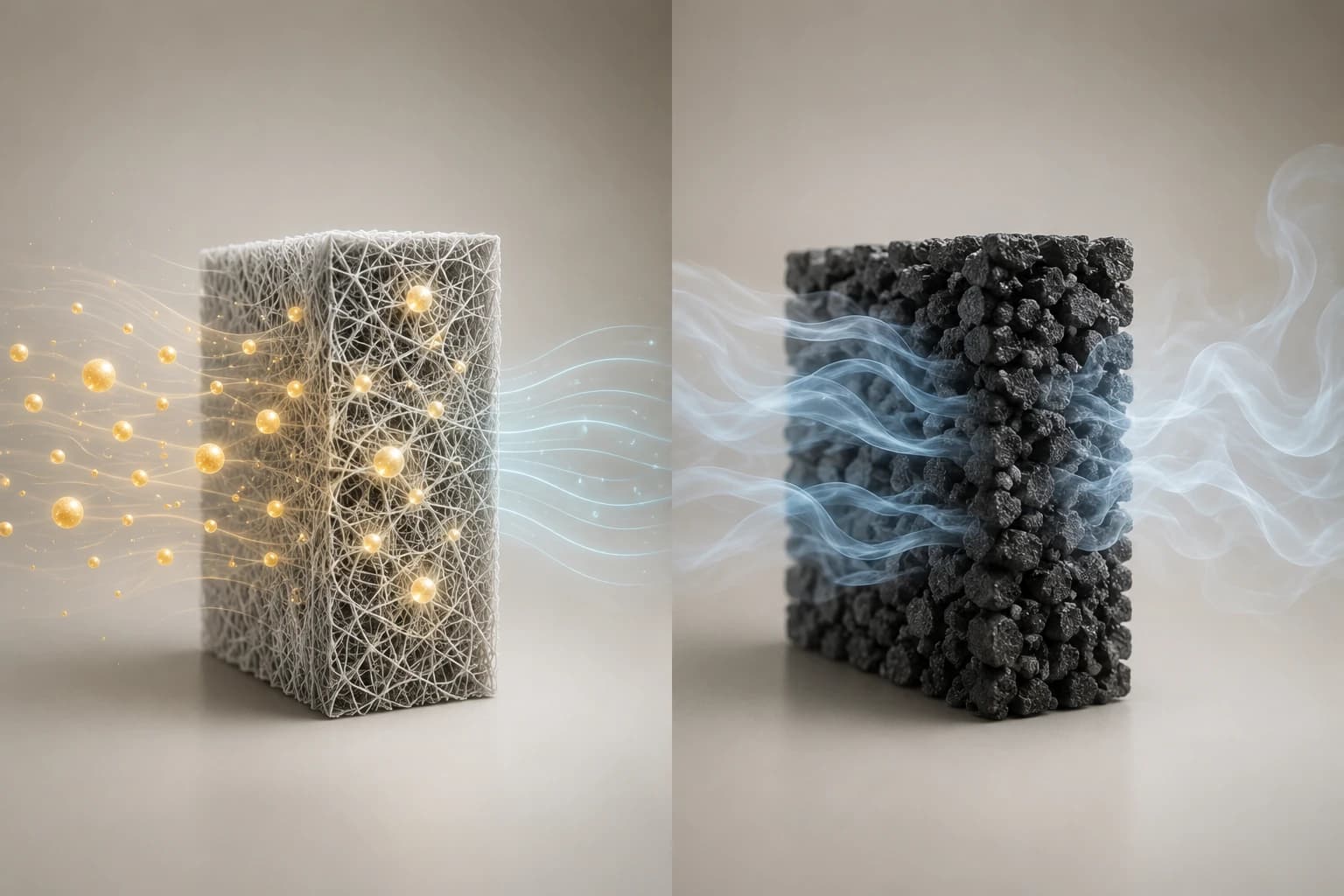 Split illustration of solid particles caught in a fiber mesh versus a formless haze passing through a coarser layer