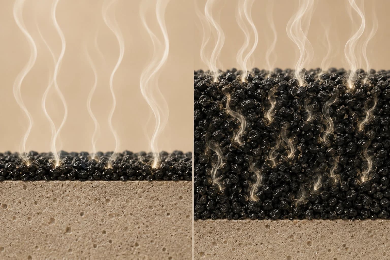 Side-by-side cross-section comparing a thin carbon layer to a much thicker carbon bed absorbing odor molecules