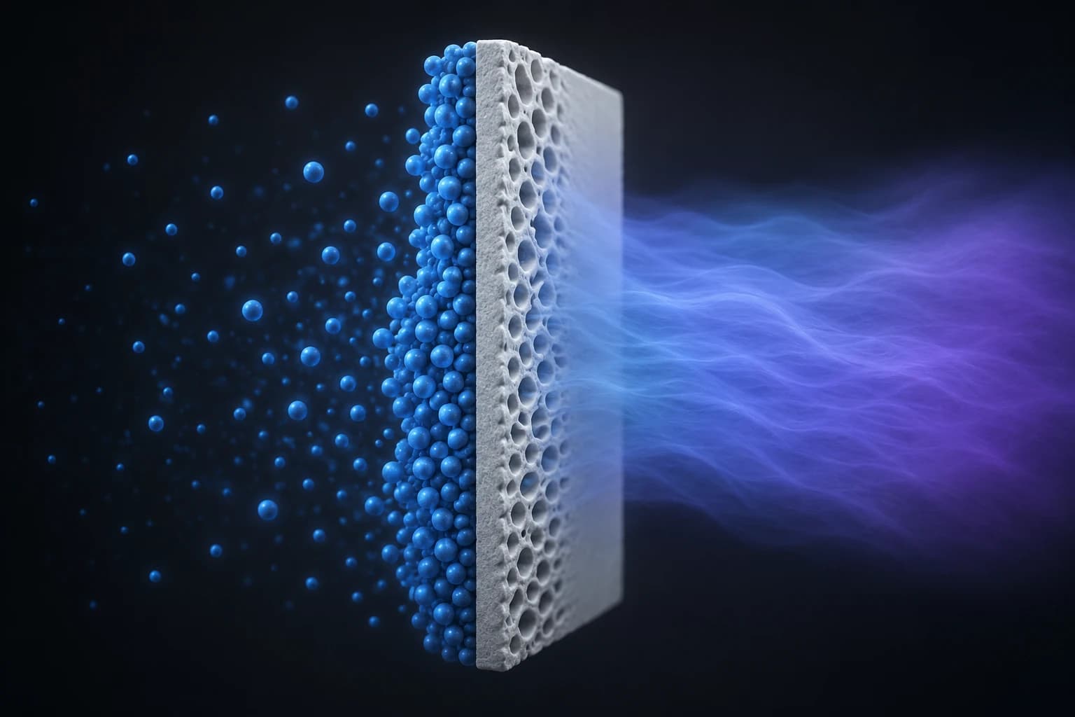 Filter cross-section showing solid particles blocked at the surface while a gas haze passes straight through