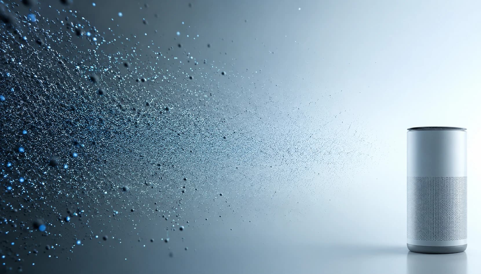 A dense cluster of glowing particles thinning into a clear gradient beside an air purifier silhouette