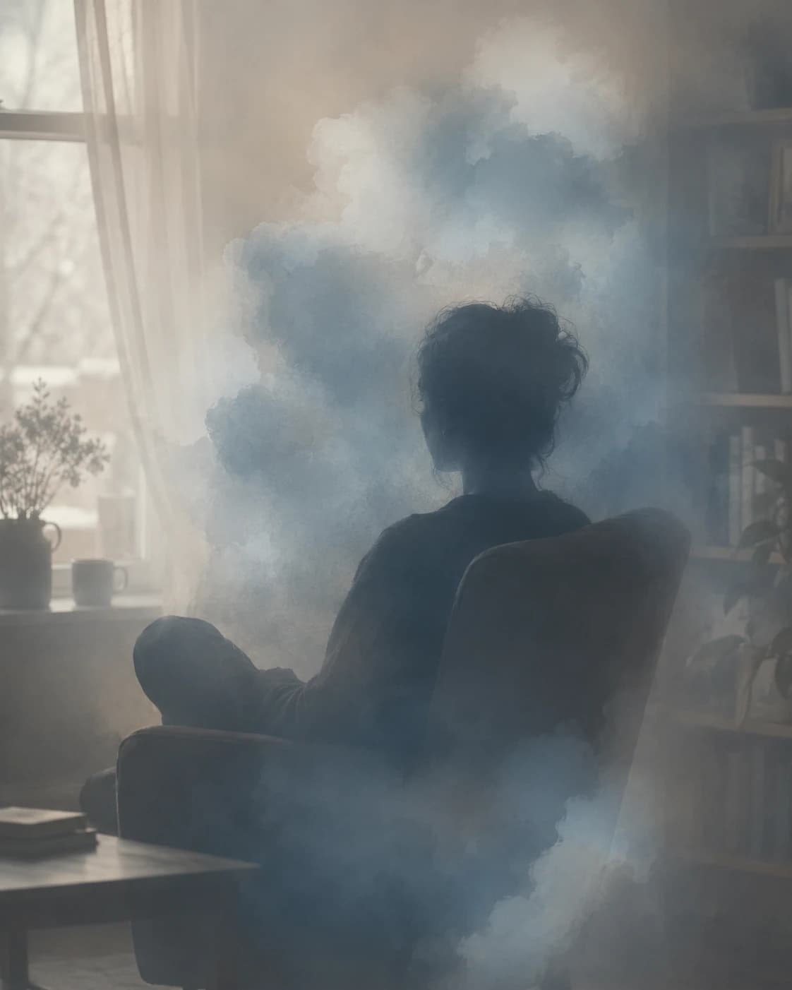 A softly hazy silhouette in a domestic setting surrounded by unevenly clearing patches of color