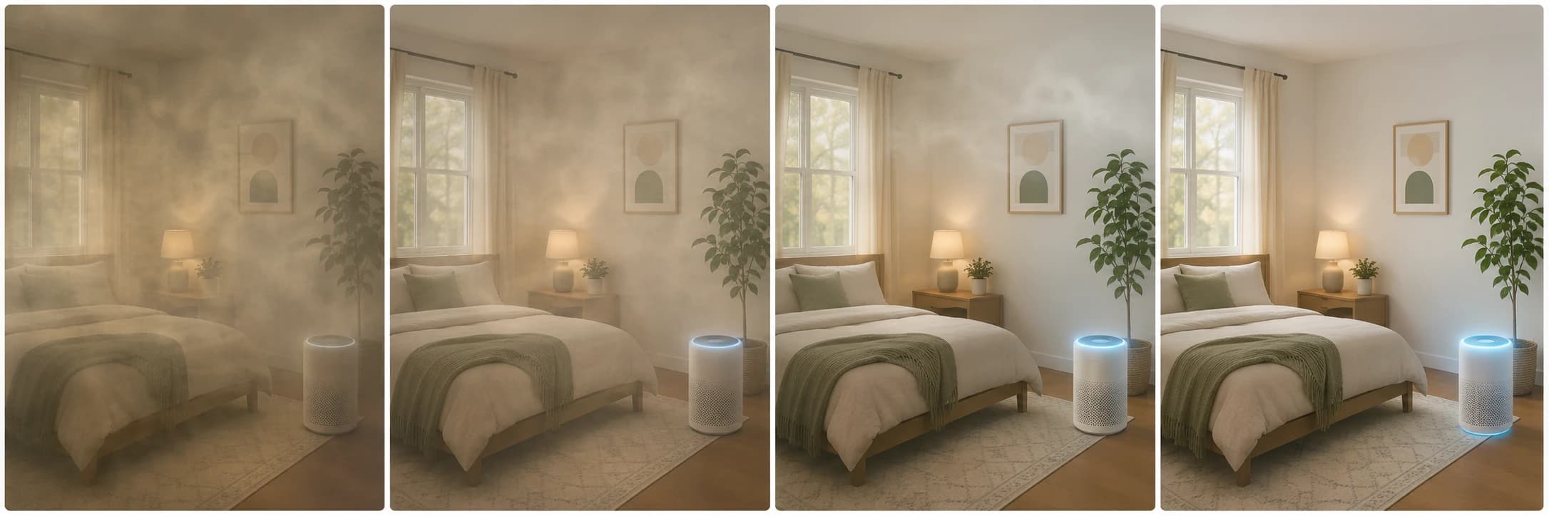 Séquence en quatre images de l’air d’une chambre s’éclaircissant progressivement pendant qu’un purificateur fonctionne