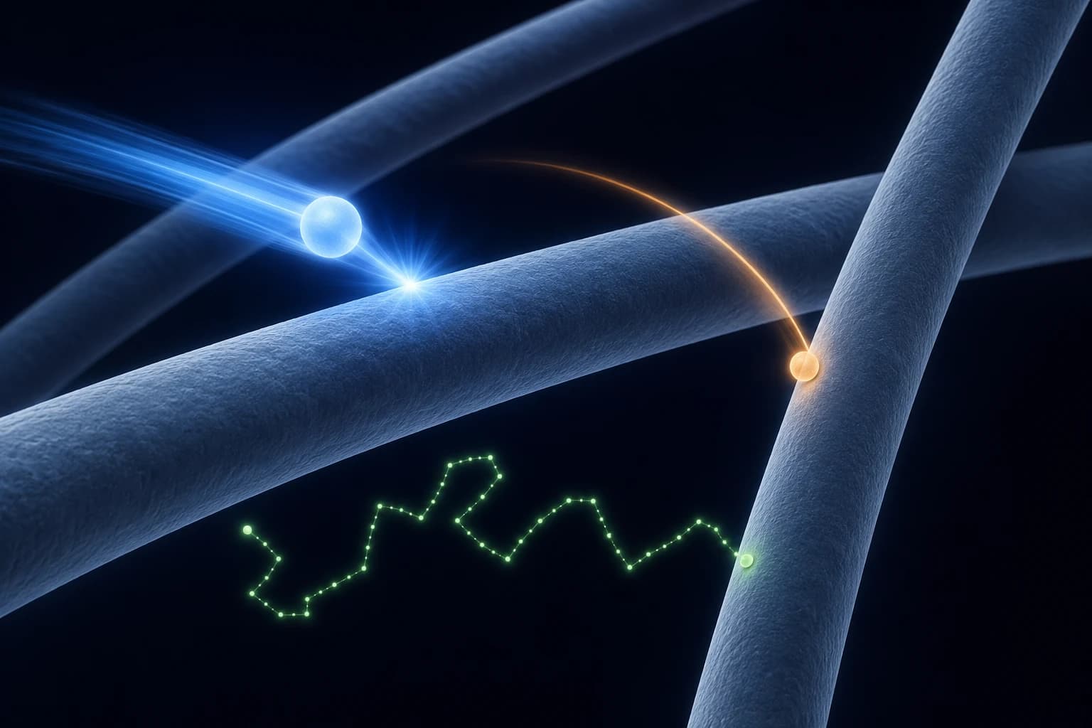 Illustration macro de trois fibres de filtre montrant les mécanismes de capture par impaction, interception et diffusion