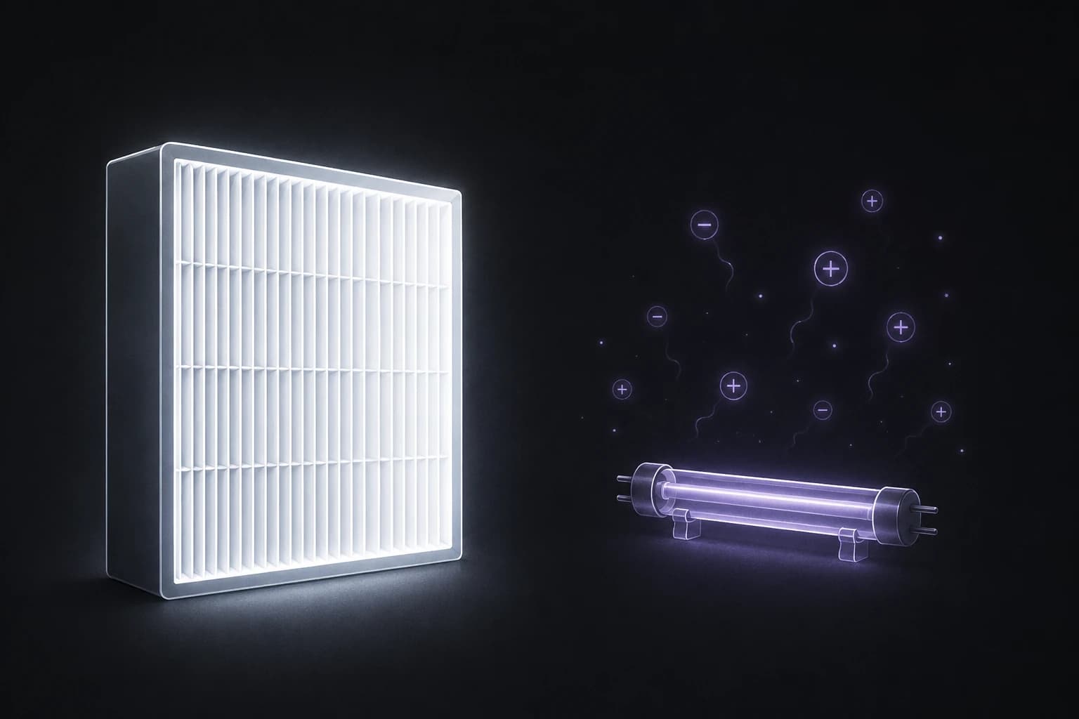 Comparaison côte à côte d’une icône de filtre HEPA stable face à une icône d’ionisateur et de lampe UV clignotante
