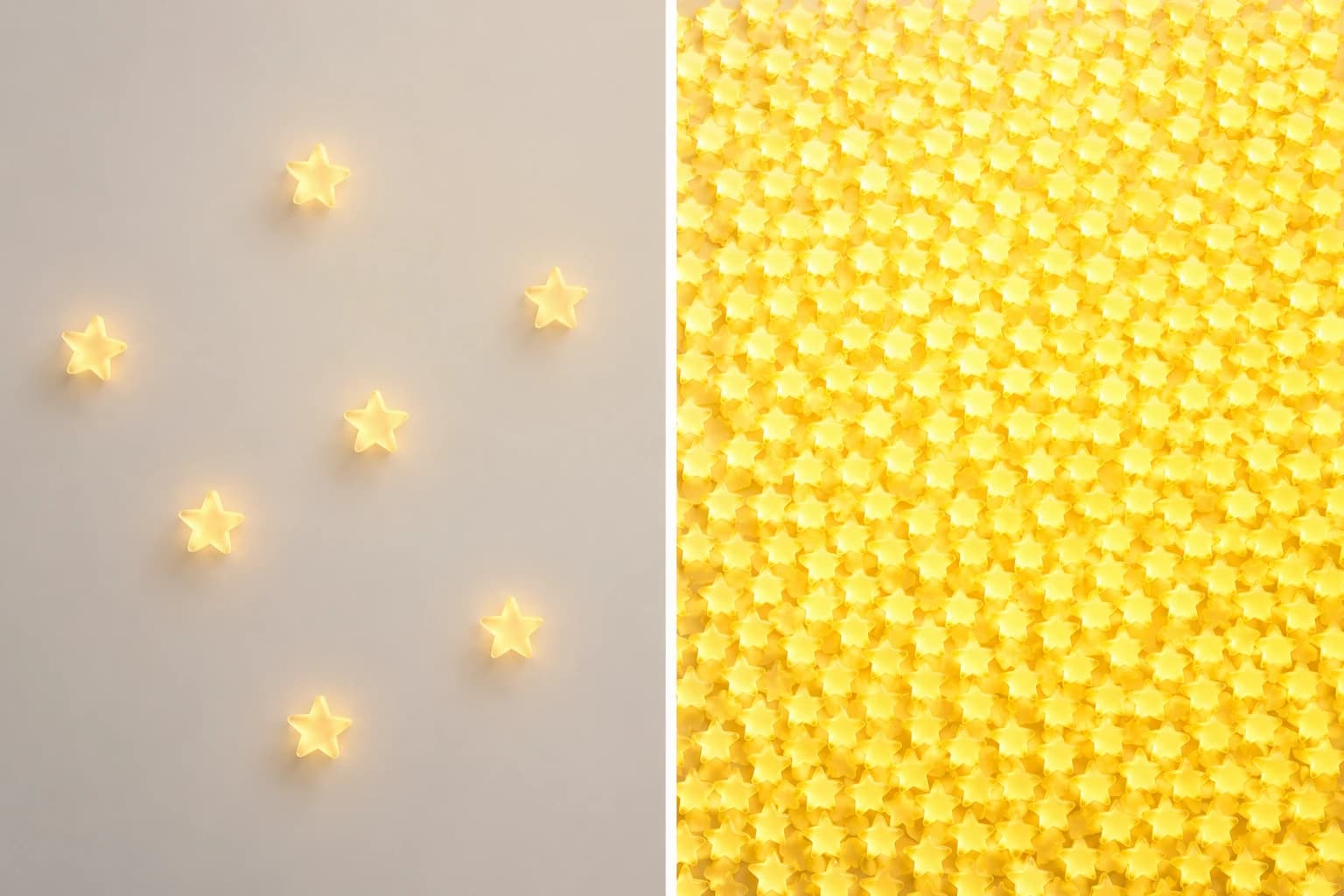 Un maigre groupe de quelques étoiles d’évaluation lumineuses à côté d’un champ dense et compact de centaines d’étoiles