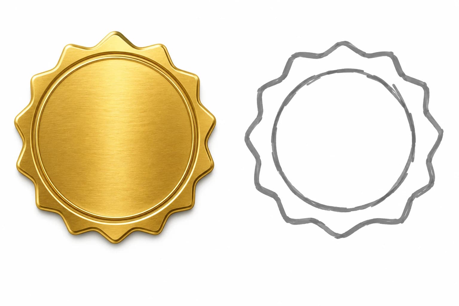 A polished metallic certification badge beside a loosely sketched, informal marketing badge