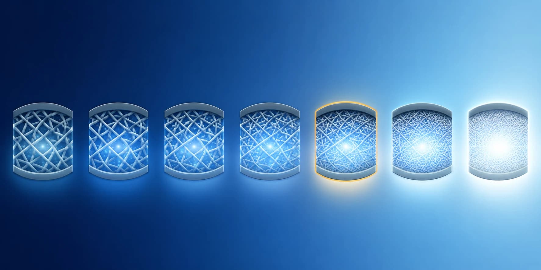 Gradient row of filter icons showing increasing density and glow from E10 through H14 to ULPA grades