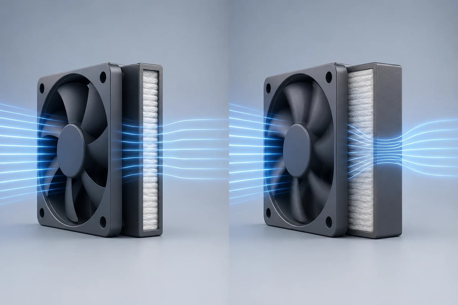 Two fan-and-filter assemblies compared, one with smooth airflow and one with denser filtration straining the fan