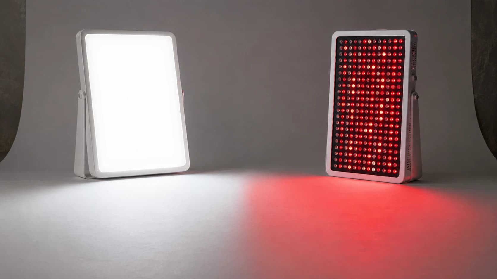 A bright white light therapy box and a red light therapy panel standing side by side, showing how different they are