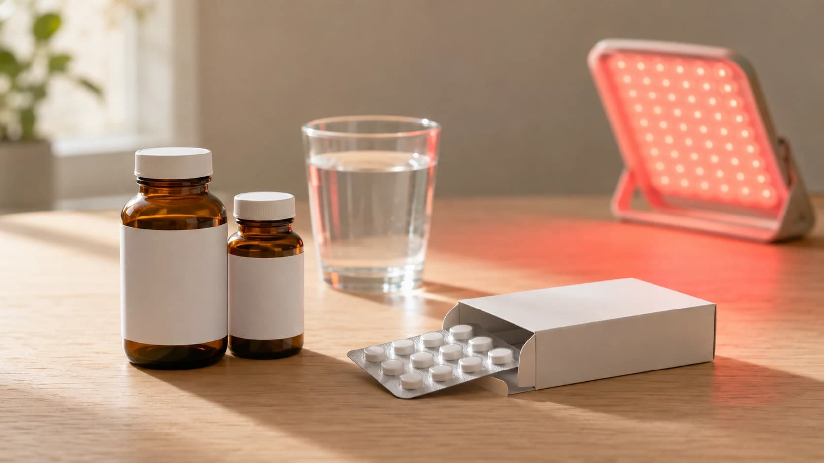 Unlabelled medication bottles and a blister pack on a table beside a small red light therapy device