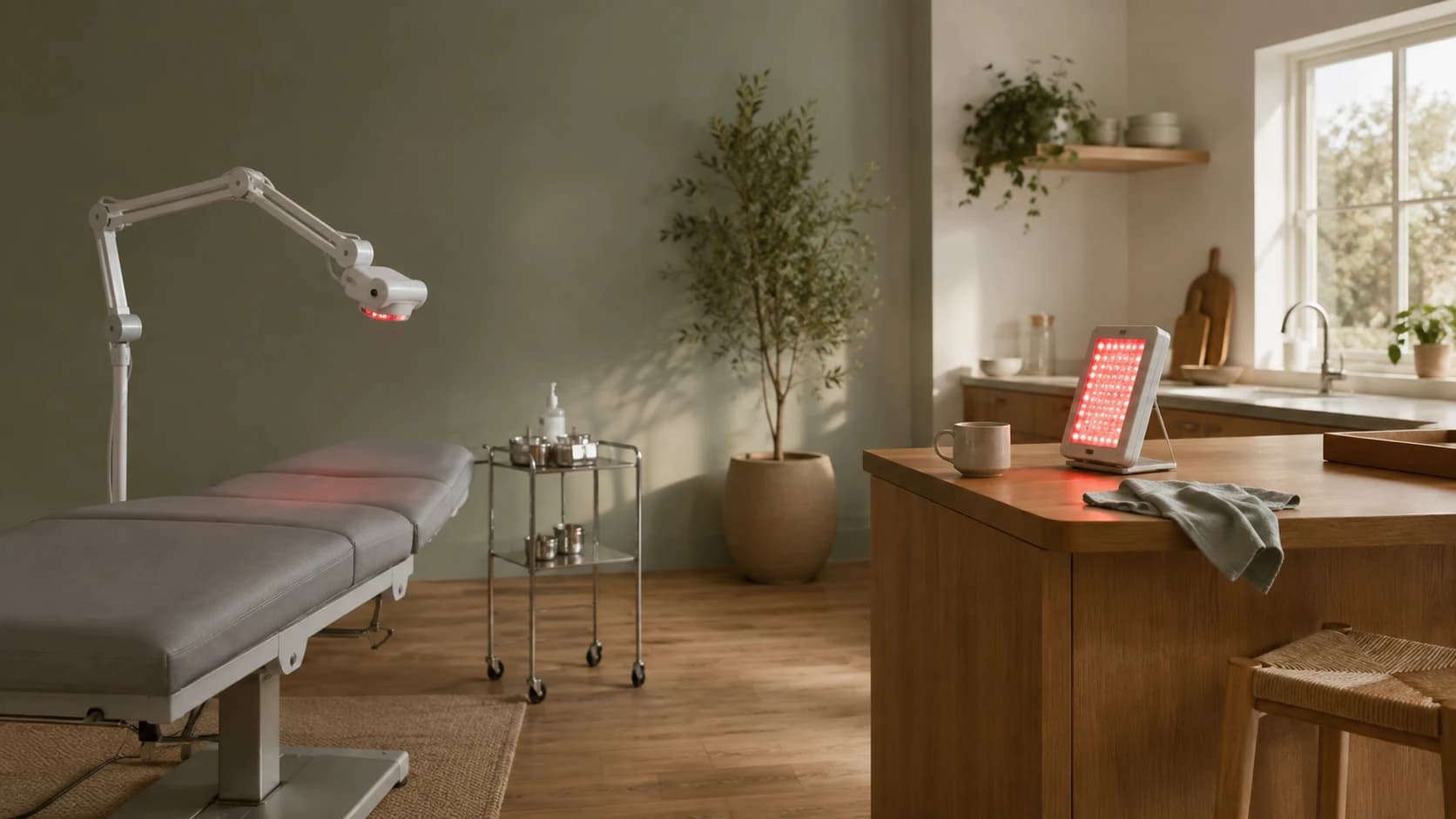 A clinical treatment room with a precisely positioned light device next to an ordinary home setup on a kitchen counter