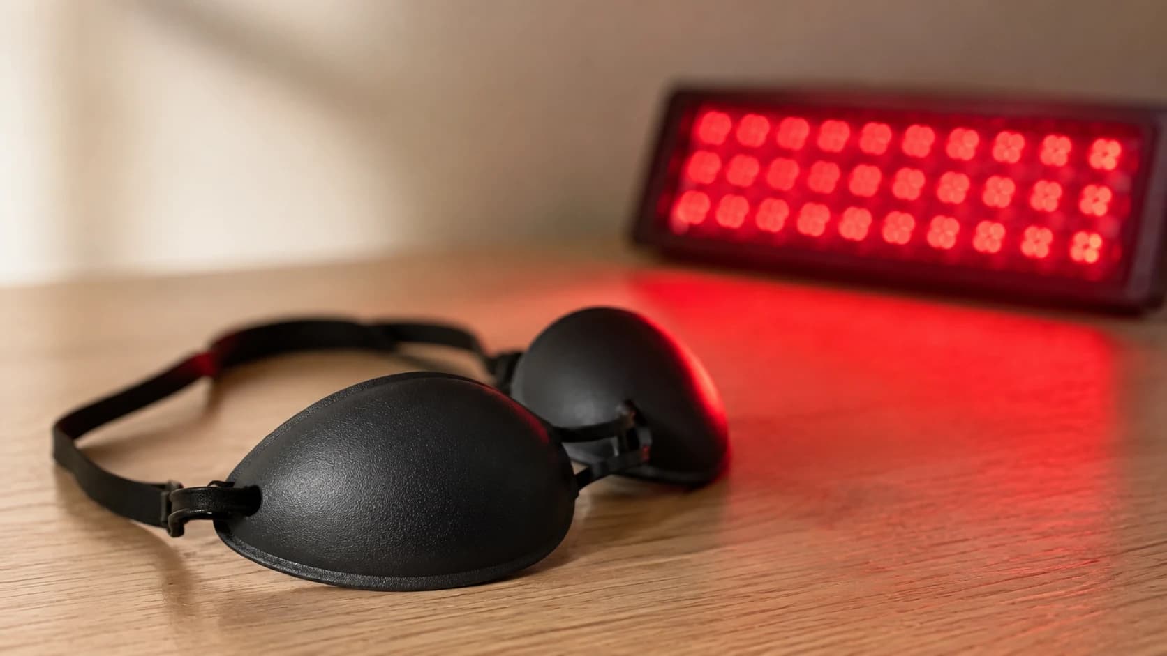 Close-up of opaque protective eyewear resting beside a switched-on red light therapy device