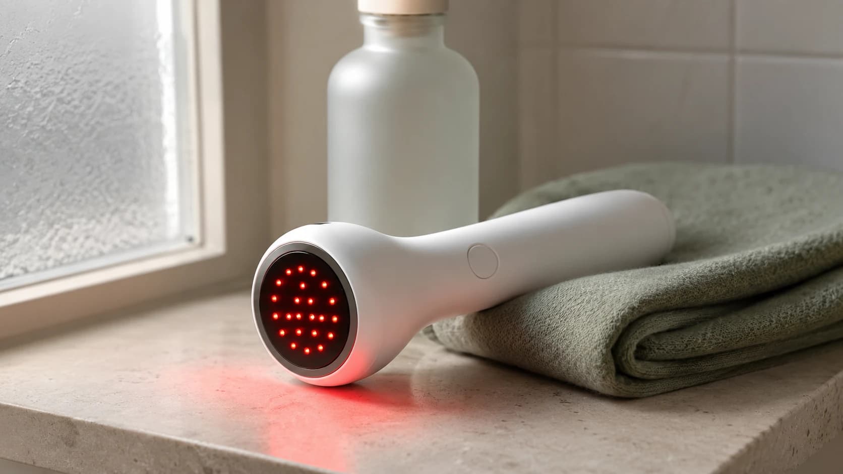 An unbranded handheld red light therapy wand resting on a bathroom shelf