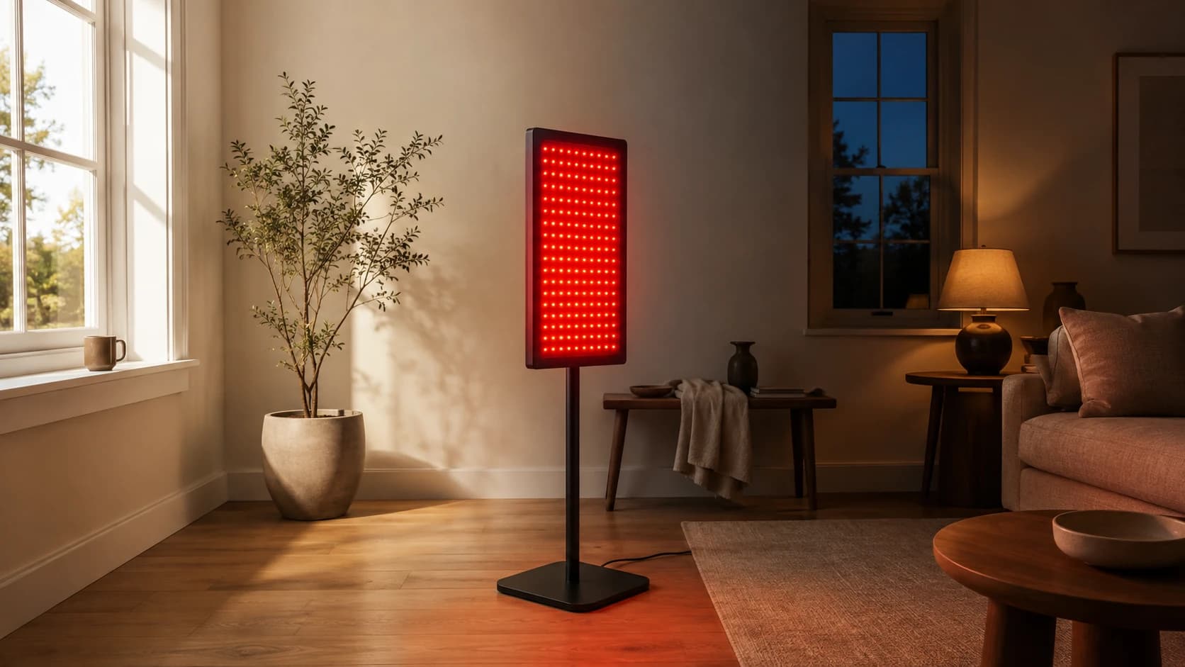 The same corner of a room with a red light therapy panel in use, once in morning daylight and once at dusk