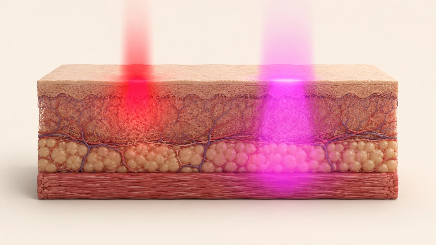 Cross-section comparing how far red light and near-infrared light travel into skin and muscle