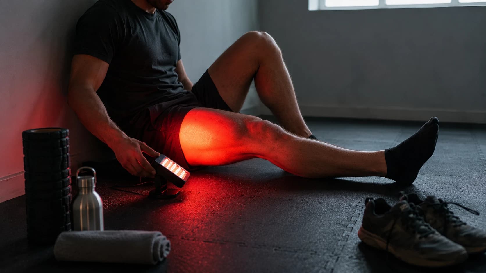 An athlete positioning a red light therapy panel over the thigh after training, with recovery gear nearby