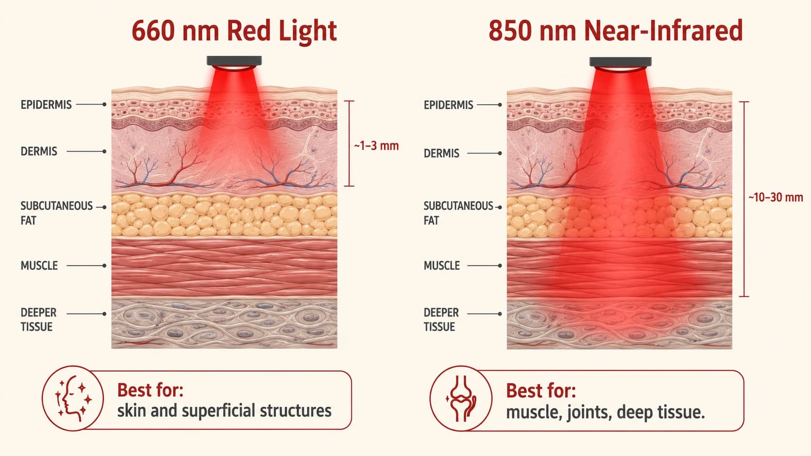 Wavelength penetration depth comparison β 660 nm red light reaches 1β3 mm into skin, 850 nm near-infrared penetrates 10β30 mm into muscle tissue