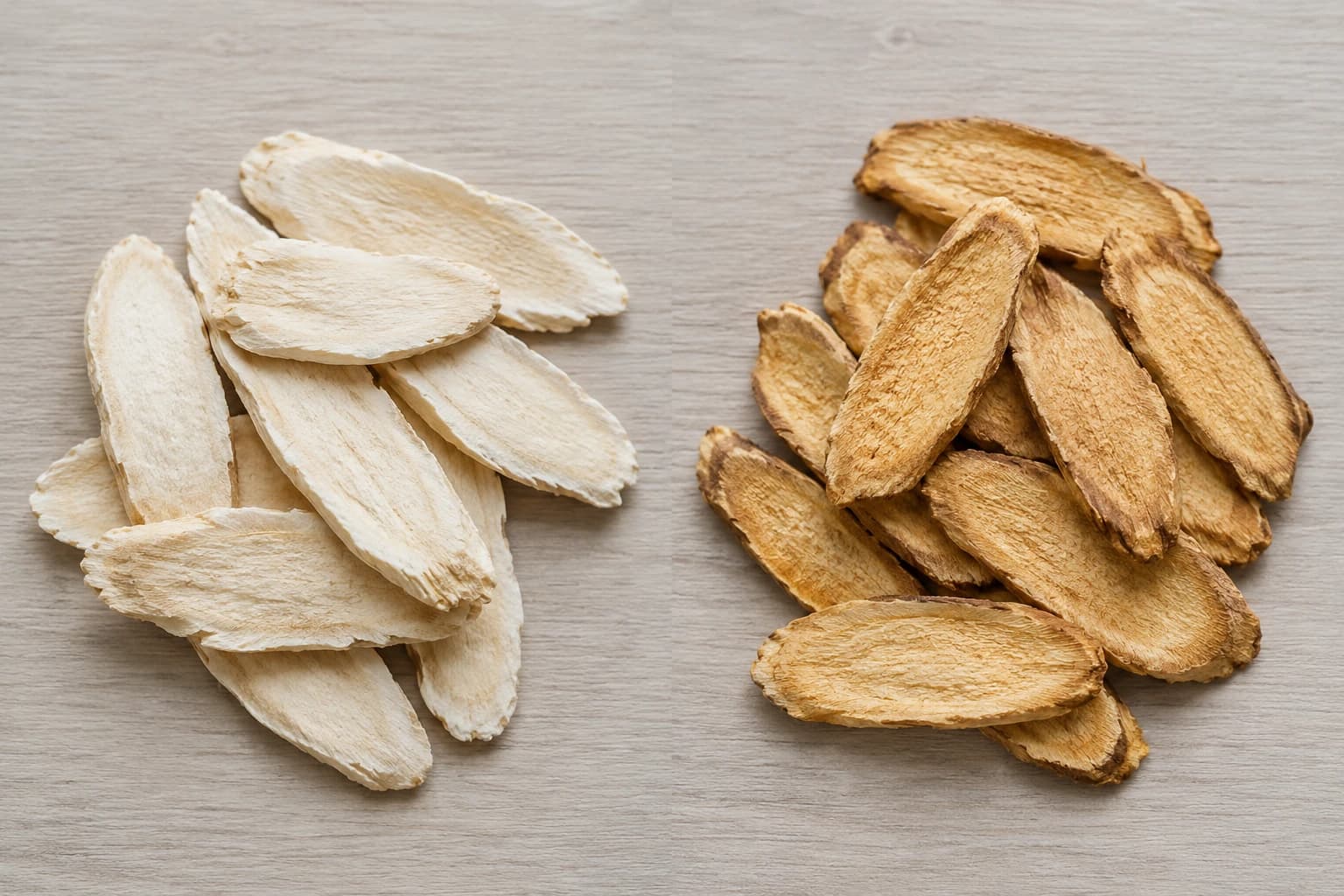 Side-by-side comparison of pale raw white peony root slices next to the same root lightly stir-fried to a golden tone