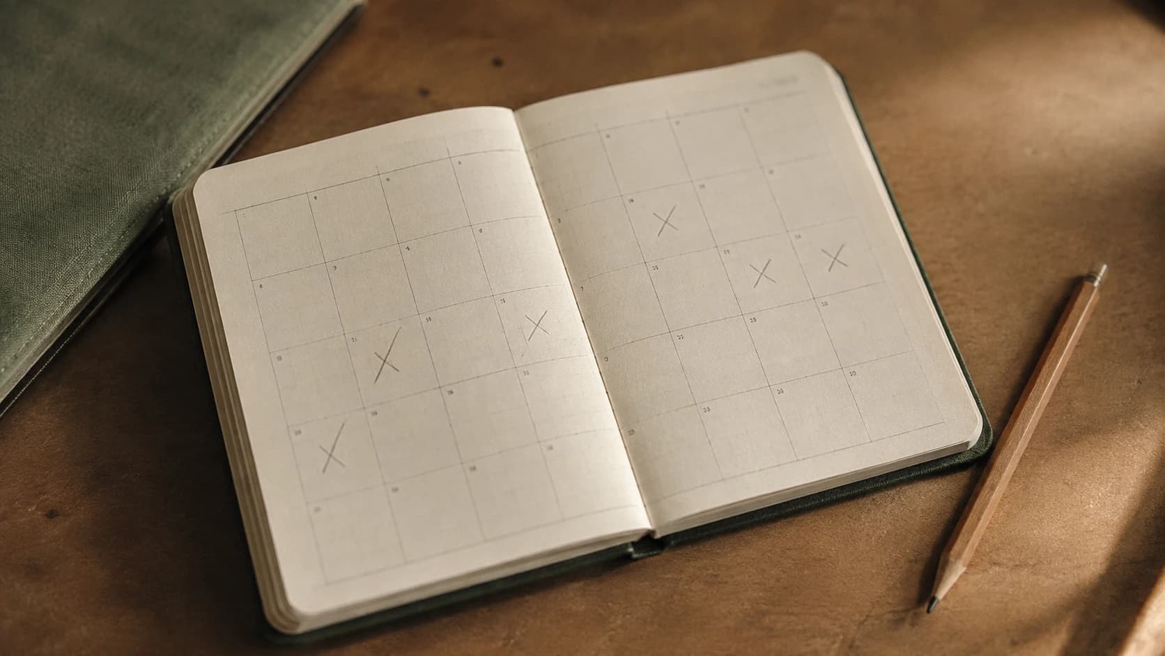 Ein kleiner Taschenkalender liegt aufgeschlagen auf einem Schreibtisch, mit kurzen Bleistiftmarkierungen auf einzelnen Daten