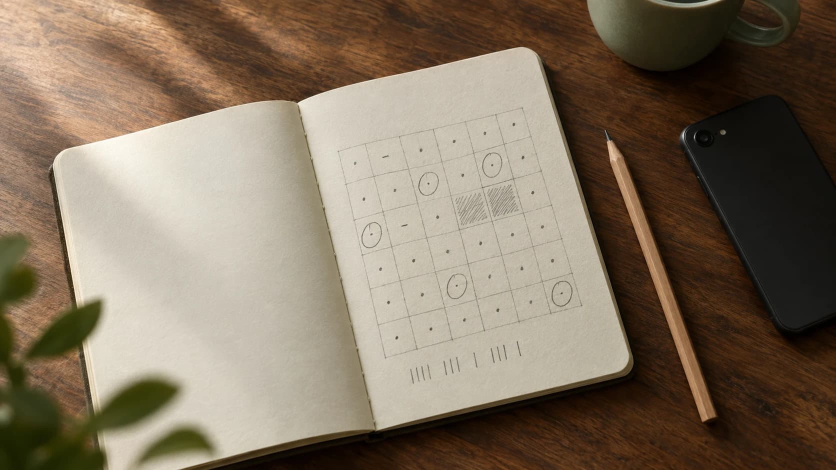 Un carnet ouvert sur une table en bois sombre, la page de droite montrant une grille tracée à la main remplie de petits points au crayon, cinq cases entourées, deux cases hachurées et une rangée de bâtons de comptage en dessous ; un crayon taillé, un téléphone noir et un mug en céramique vert sauge posés à côté