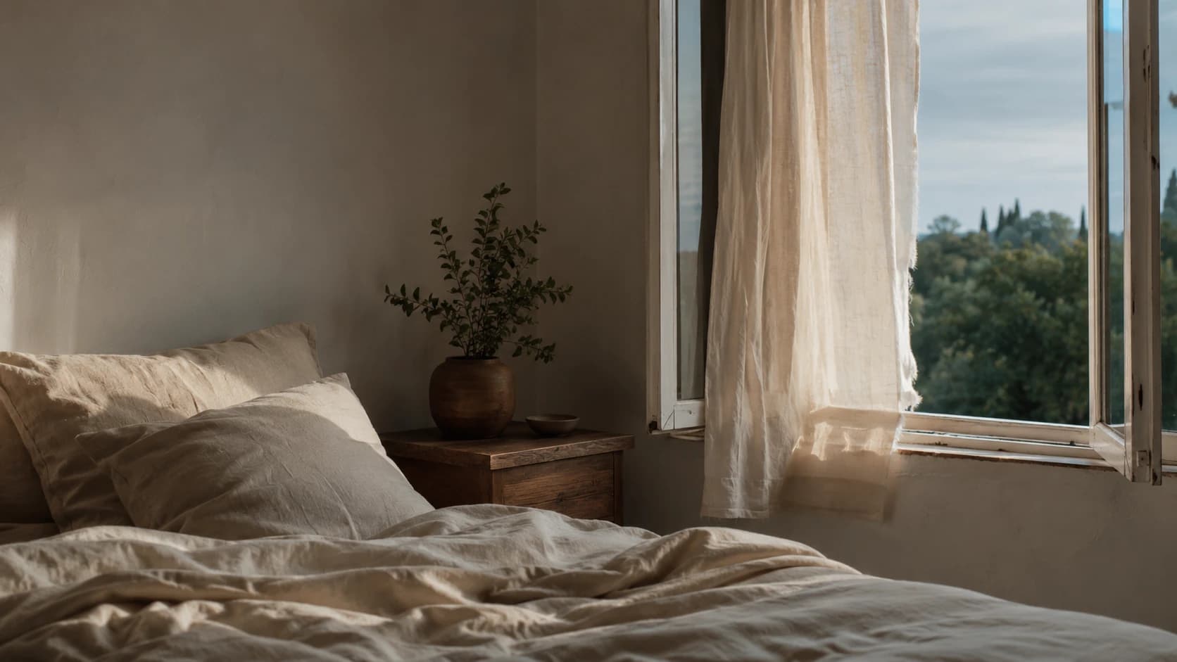 A quiet bedroom at dawn with linen bedding and an open window letting in cool air