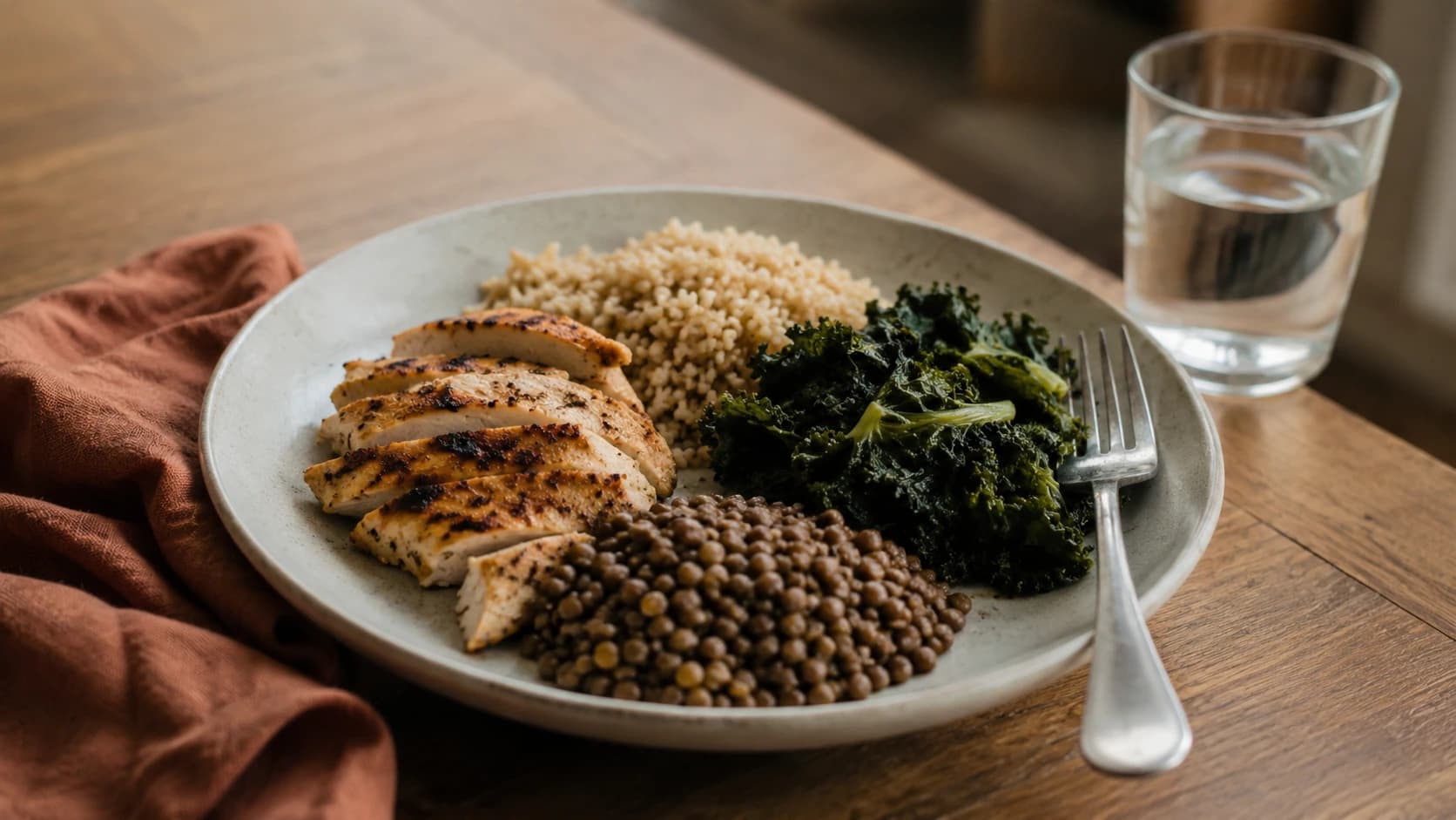 Un repas simple riche en protéines dans une assiette, sur une table en bois, à la lumière du jour