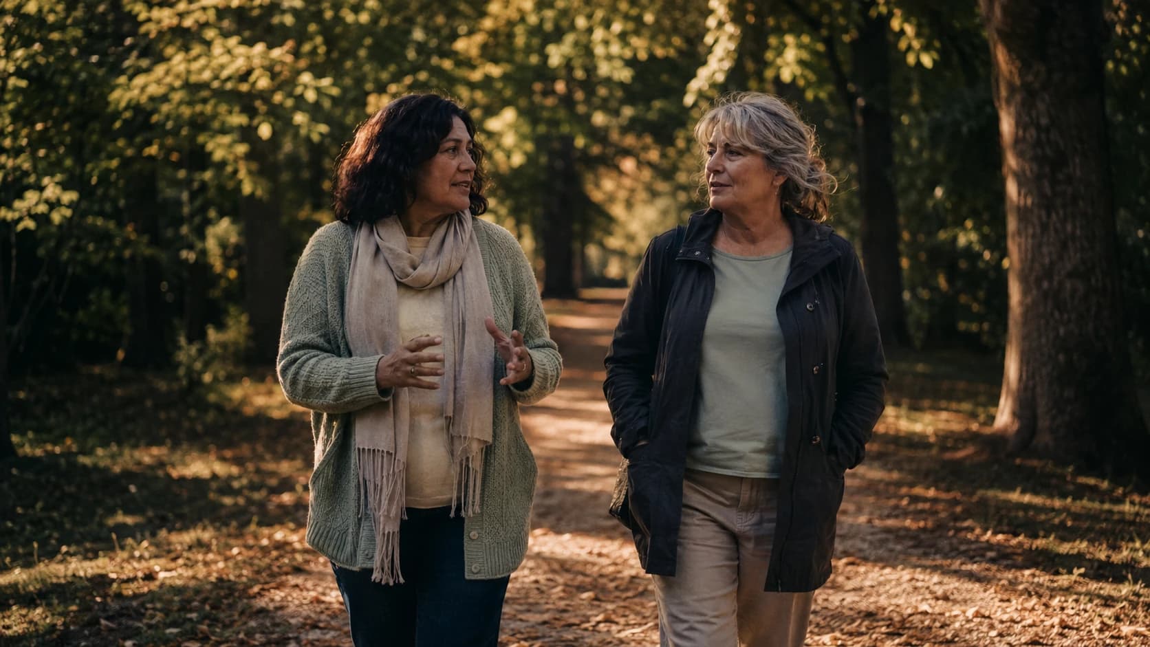Two women in their forties and fifties walking together on a tree-lined path in the late afternoon