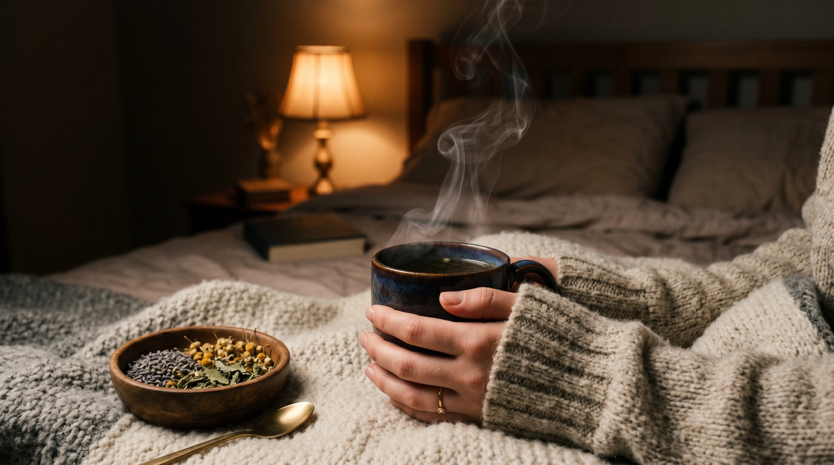 A calm bedside scene with a steaming cup of caffeine-free herbal tea