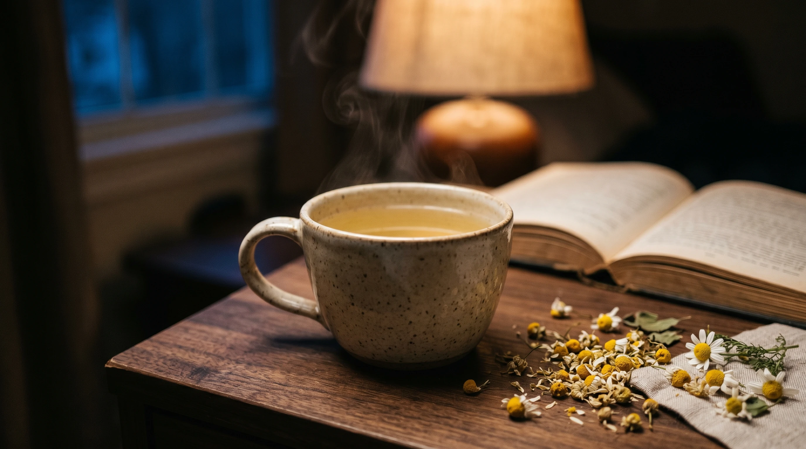 A warm cup of chamomile tea on a bedside table in soft evening light