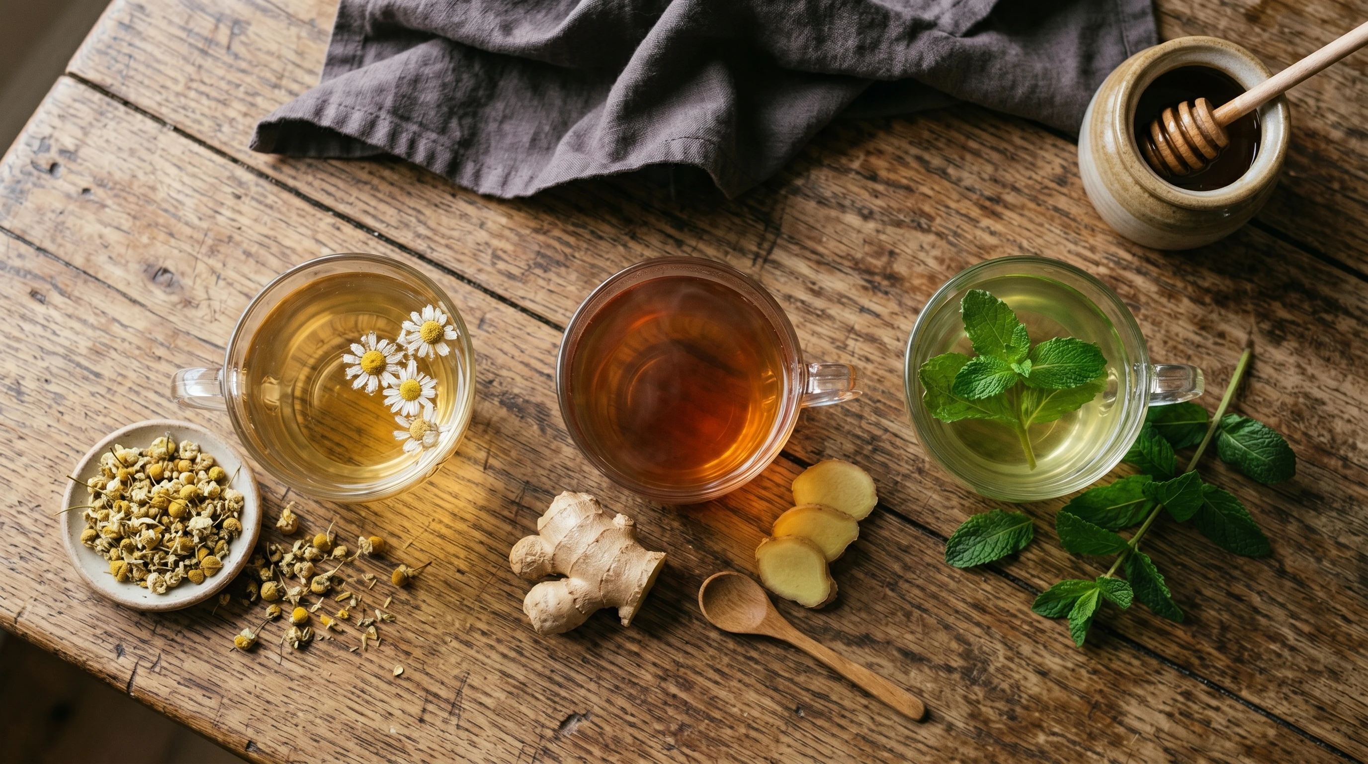 Une tasse de tisane entourée de camomille, de menthe poivrée et de gingembre séchés