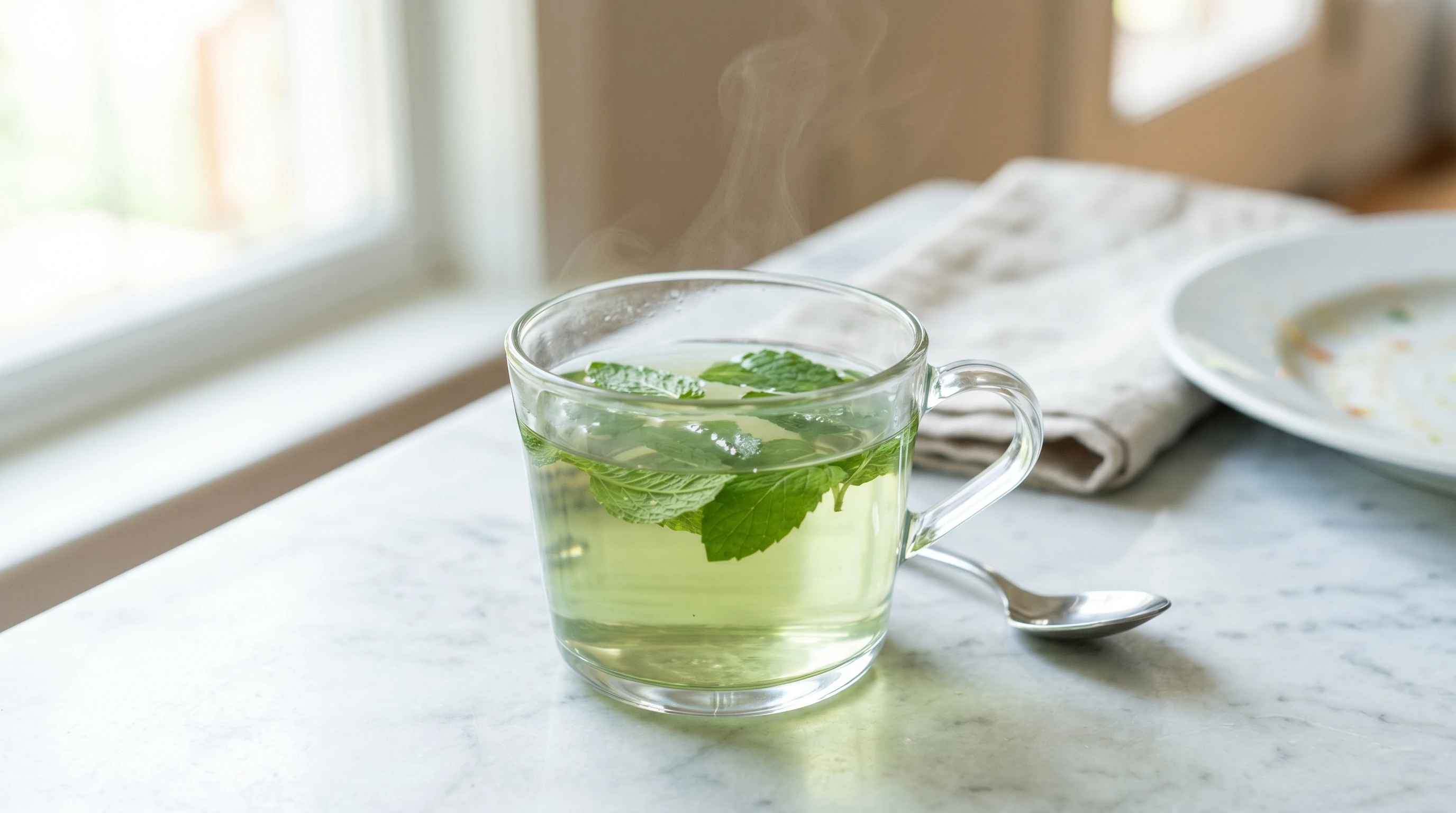 Eine Glastasse Pfefferminztee mit frischen Minzblättern