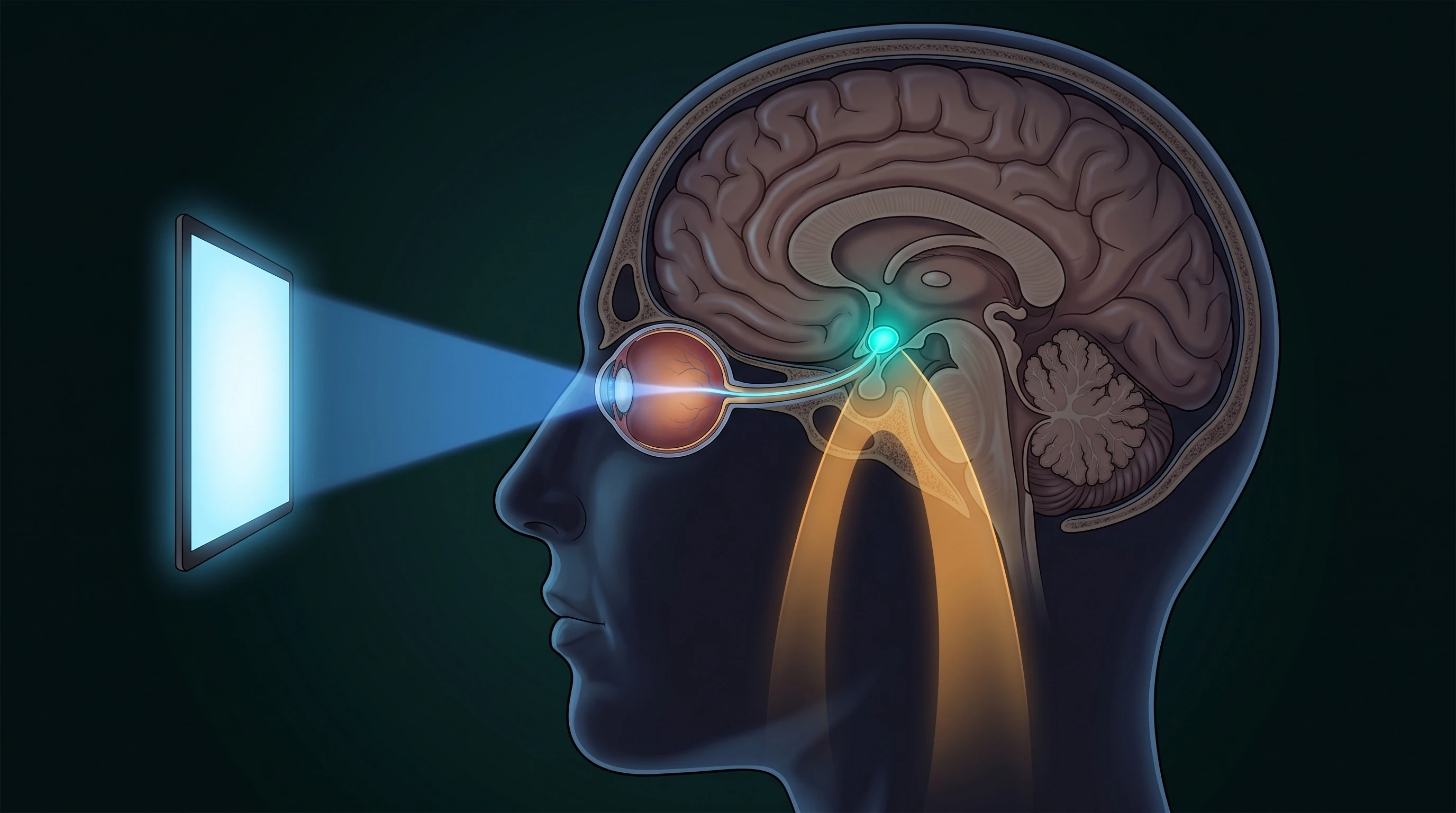 Blue light suppressing melatonin production and disrupting the brain circadian clock