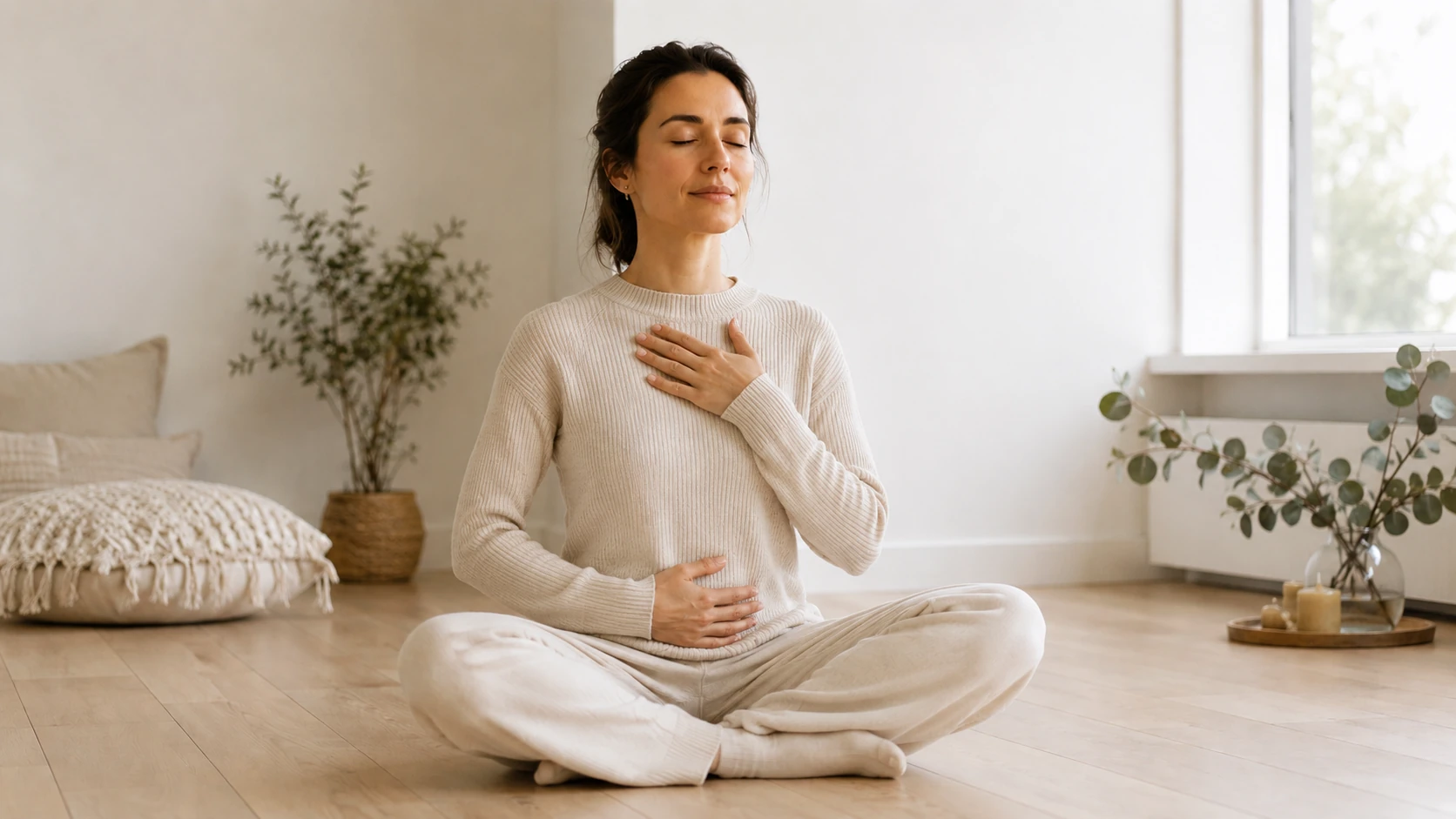 Person practicing diaphragmatic breathing for stress relief