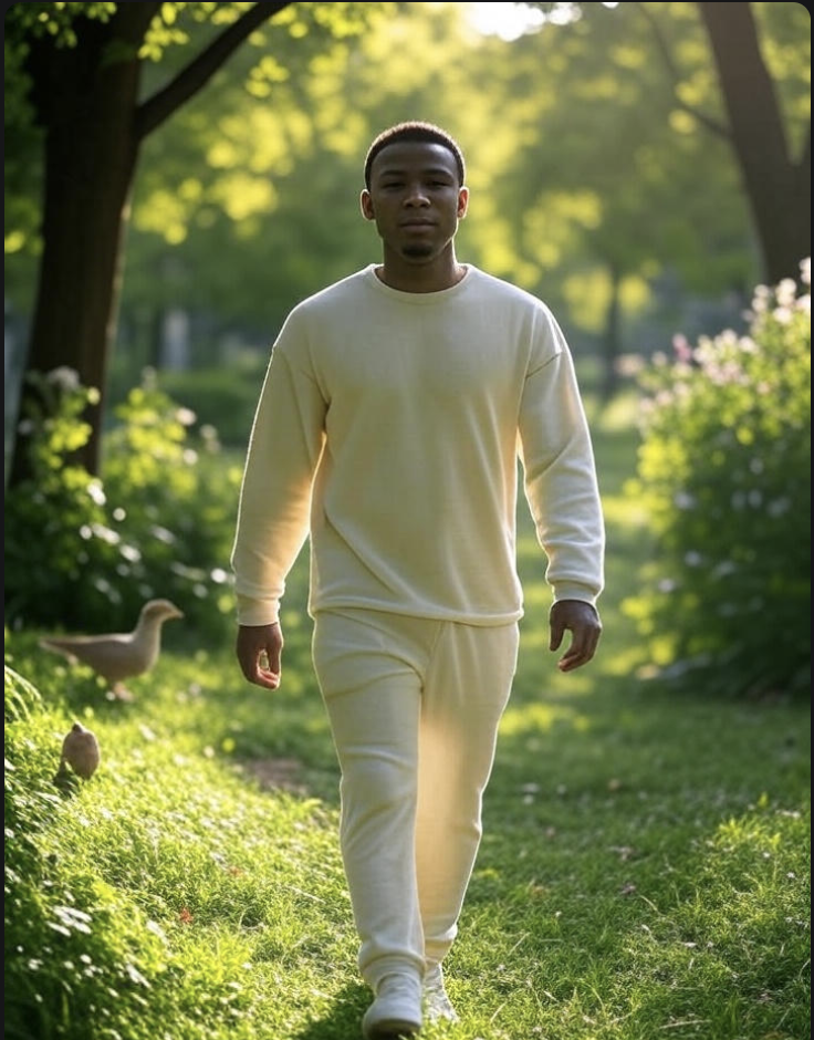 Man walking in a lush green park during golden hour, wearing a white outfit, with birds and vibrant foliage in the background, promoting nature and outdoor activity.