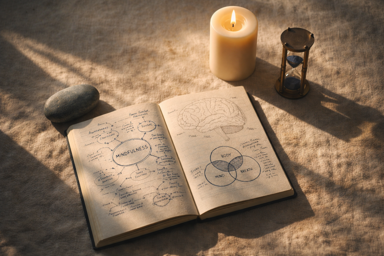 A mindfulness research journal, lit candle, and antique hourglass arranged as a flat-lay, representing the neuroscience and science of being present.