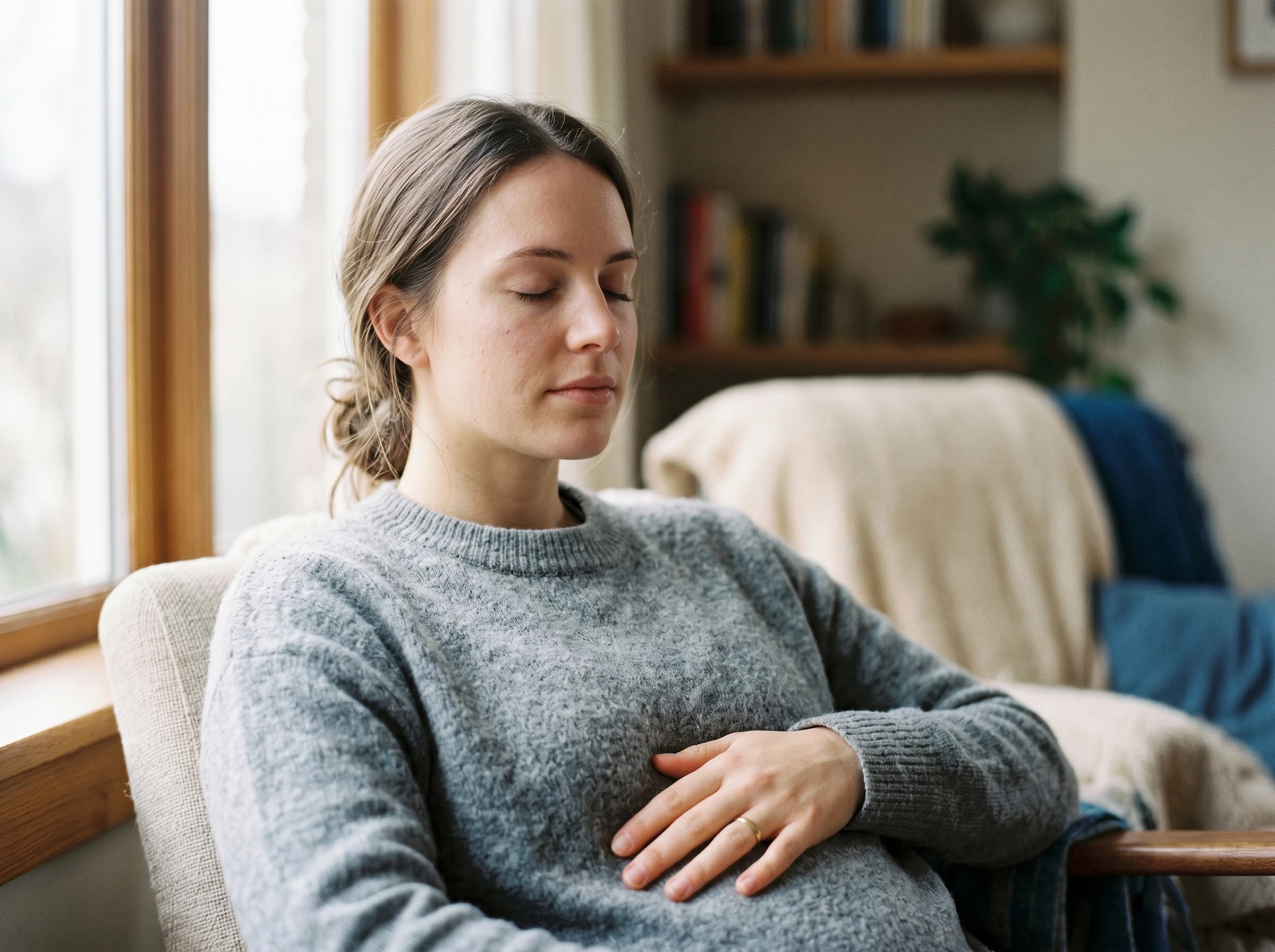 Person doing a slow breathing exercise with a hand on the belly to ease stress
