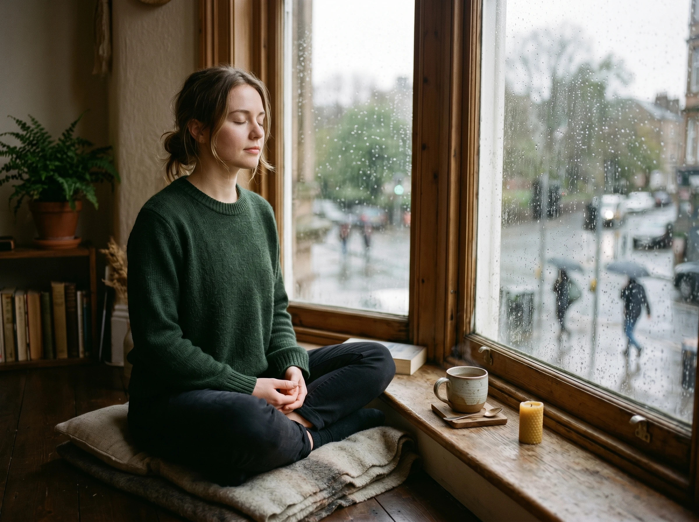 Person meditating quietly to ease anxiety and slow down racing thoughts