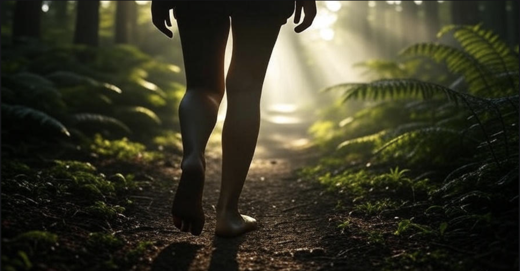 Silhouette of a person walking barefoot on a misty forest path during golden hour, with sun rays piercing the canopy, fern-covered floor, and ethereal mist blending warm and cool tones, 2.35:1 cinematic widescreen.