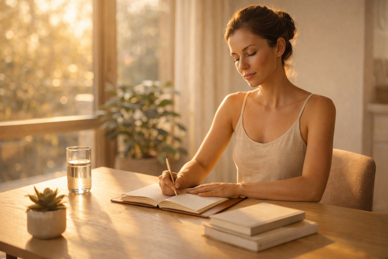 A woman mindfully journaling at a sunlit wooden desk surrounded by plants, symbolizing evidence-based mindful habits and daily wellness practice.