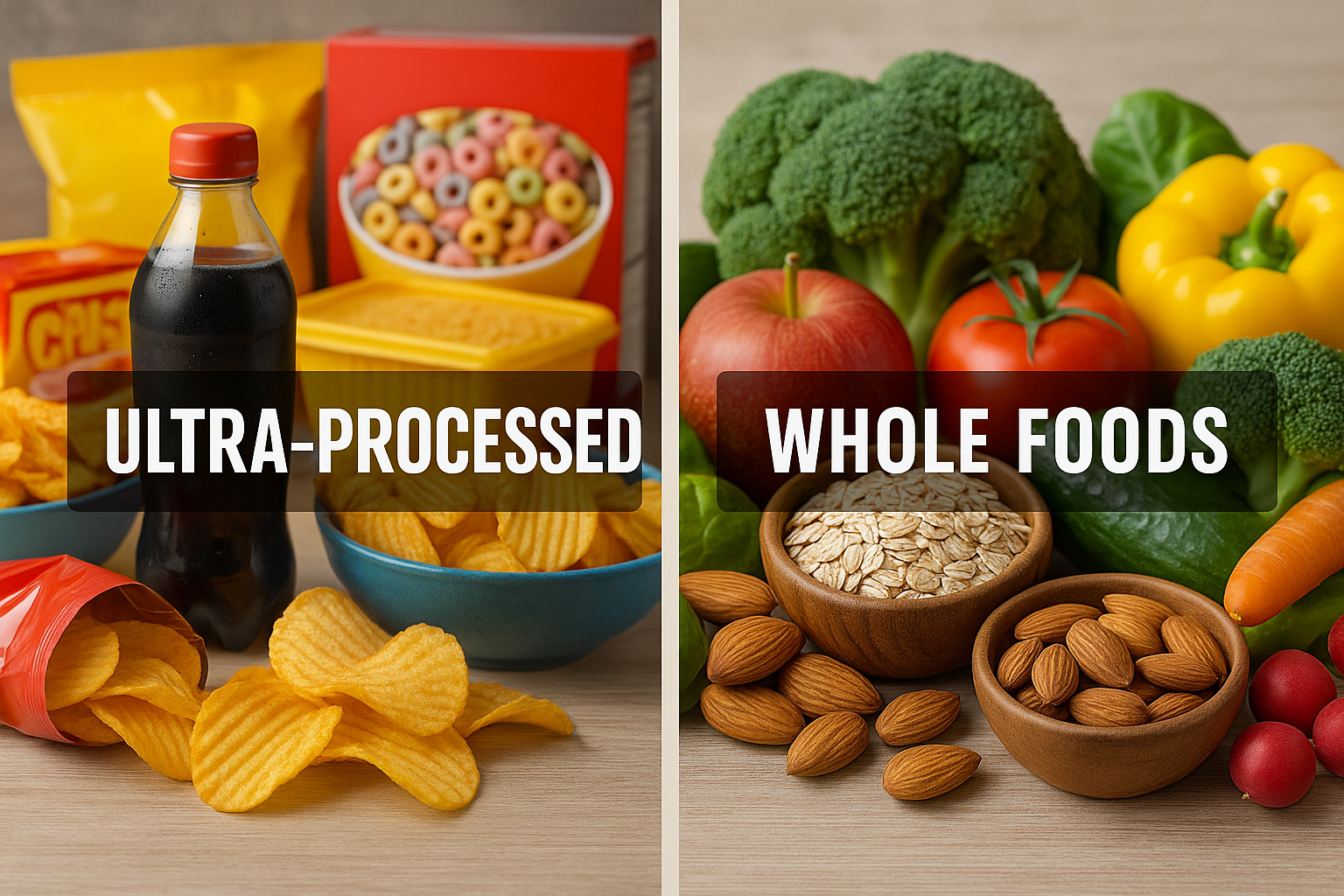 Comparison of ultra-processed foods like soda and chips versus whole foods like fruits and vegetables.