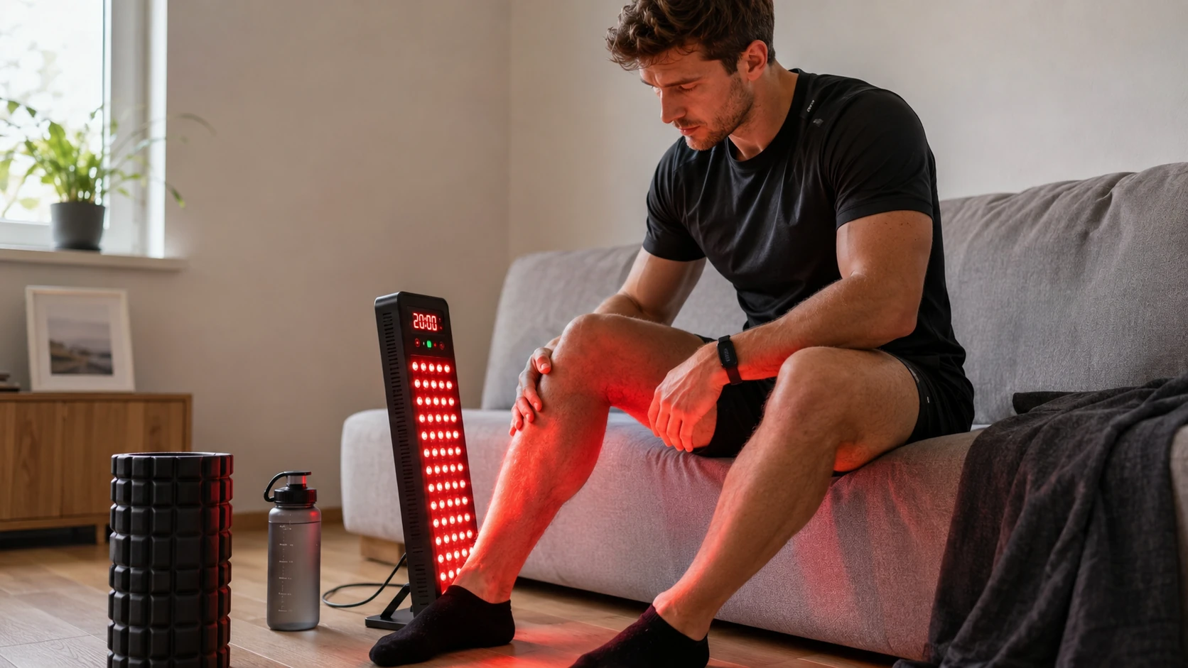 Athlete applying a 660 nm and 850 nm red light therapy panel to the quadriceps in a home recovery setup